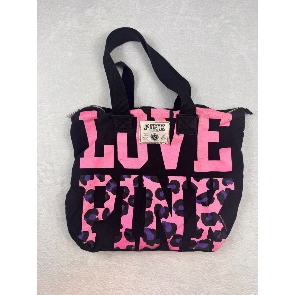 Victoria's Secret PINK Canvas Tote Bag Black Pink Leopard Print Zipper Closure